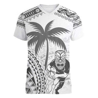 Custom Fiji Black Fern Women V-Neck T-Shirt Maori Warroir with Fijian Masi Pattern LT9 Female White - Polynesian Pride