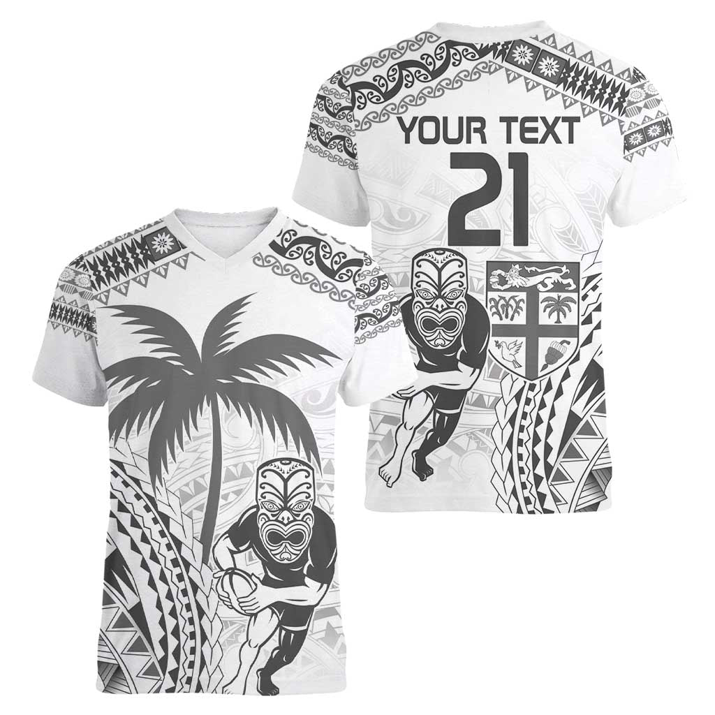 Custom Fiji Black Fern Women V-Neck T-Shirt Maori Warroir with Fijian Masi Pattern LT9 - Polynesian Pride