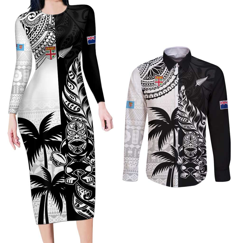 Custom Fiji New Zealand Couples Matching Long Sleeve Bodycon Dress and Long Sleeve Button Shirt Maori mix Tapa Pattern Version LT9 Black - Polynesian Pride