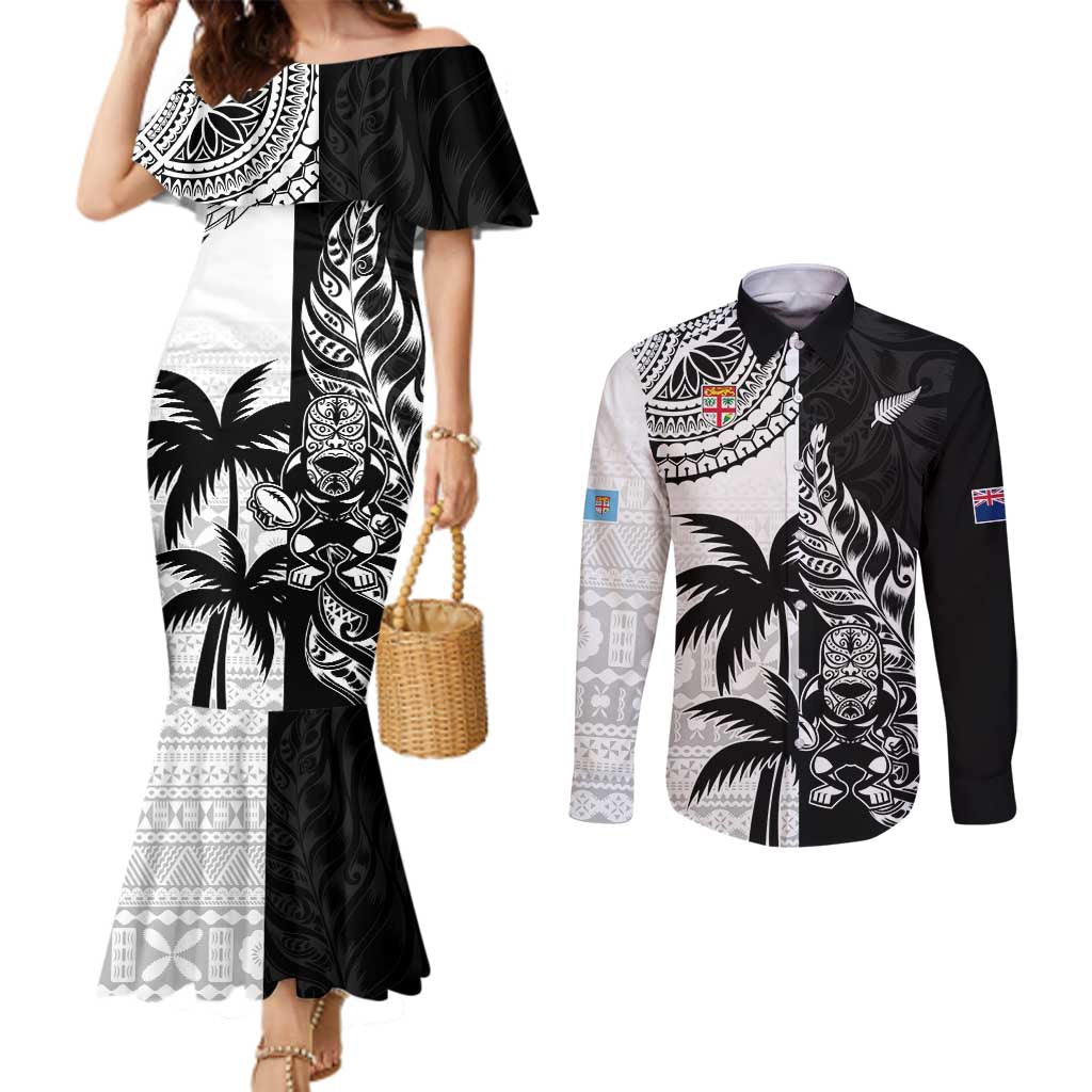 Custom Fiji New Zealand Couples Matching Mermaid Dress and Long Sleeve Button Shirt Maori mix Tapa Pattern Version LT9 Black - Polynesian Pride