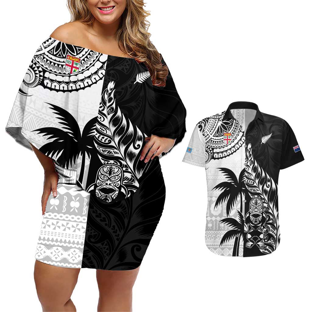 Custom Fiji New Zealand Couples Matching Off Shoulder Short Dress and Hawaiian Shirt Maori mix Tapa Pattern Version LT9 Black - Polynesian Pride