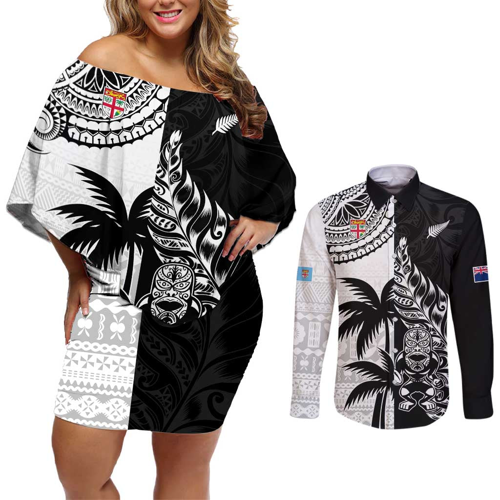 Custom Fiji New Zealand Couples Matching Off Shoulder Short Dress and Long Sleeve Button Shirt Maori mix Tapa Pattern Version LT9 Black - Polynesian Pride