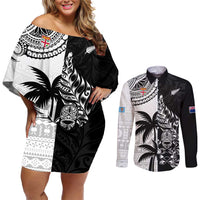 Custom Fiji New Zealand Couples Matching Off Shoulder Short Dress and Long Sleeve Button Shirt Maori mix Tapa Pattern Version LT9 Black - Polynesian Pride
