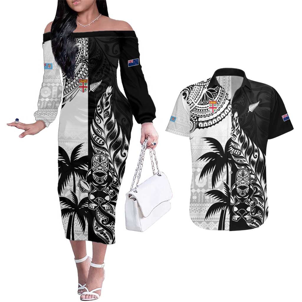 Custom Fiji New Zealand Couples Matching Off The Shoulder Long Sleeve Dress and Hawaiian Shirt Maori mix Tapa Pattern Version LT9 Black - Polynesian Pride