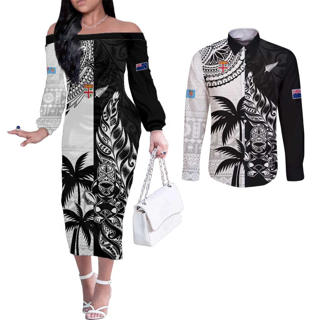 Custom Fiji New Zealand Couples Matching Off The Shoulder Long Sleeve Dress and Long Sleeve Button Shirt Maori mix Tapa Pattern Version LT9 Black - Polynesian Pride