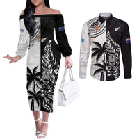 Custom Fiji New Zealand Couples Matching Off The Shoulder Long Sleeve Dress and Long Sleeve Button Shirt Maori mix Tapa Pattern Version LT9 Black - Polynesian Pride