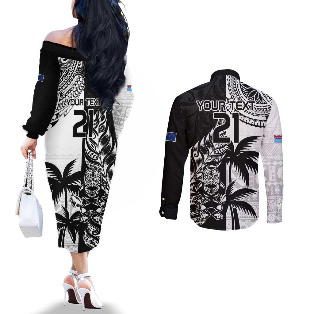 Custom Fiji New Zealand Couples Matching Off The Shoulder Long Sleeve Dress and Long Sleeve Button Shirt Maori mix Tapa Pattern Version LT9 - Polynesian Pride