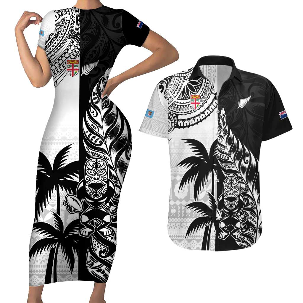 Custom Fiji New Zealand Couples Matching Short Sleeve Bodycon Dress and Hawaiian Shirt Maori mix Tapa Pattern Version LT9 Black - Polynesian Pride
