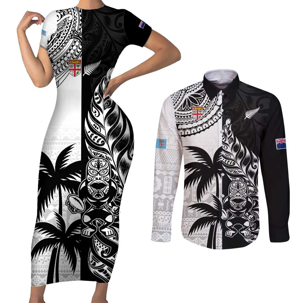 Custom Fiji New Zealand Couples Matching Short Sleeve Bodycon Dress and Long Sleeve Button Shirt Maori mix Tapa Pattern Version LT9 Black - Polynesian Pride