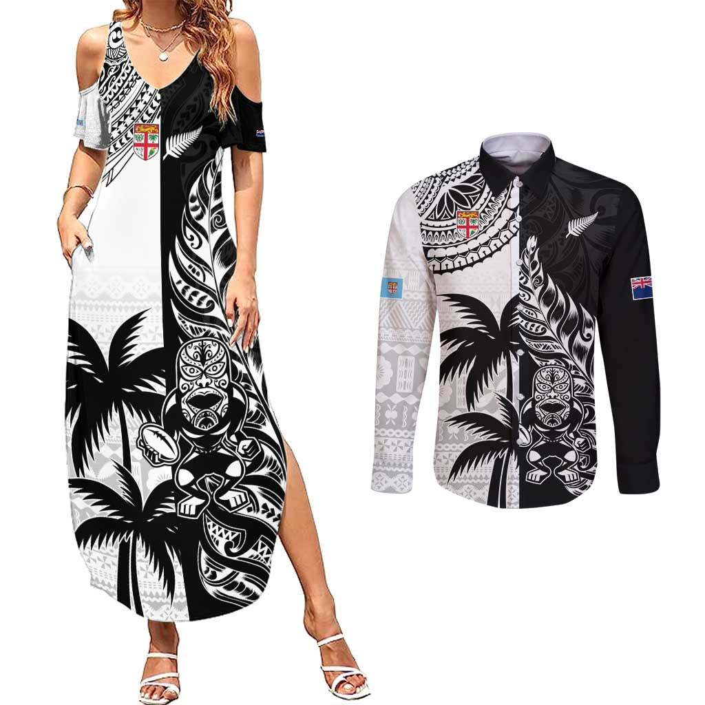 Custom Fiji New Zealand Couples Matching Summer Maxi Dress and Long Sleeve Button Shirt Maori mix Tapa Pattern Version LT9 Black - Polynesian Pride