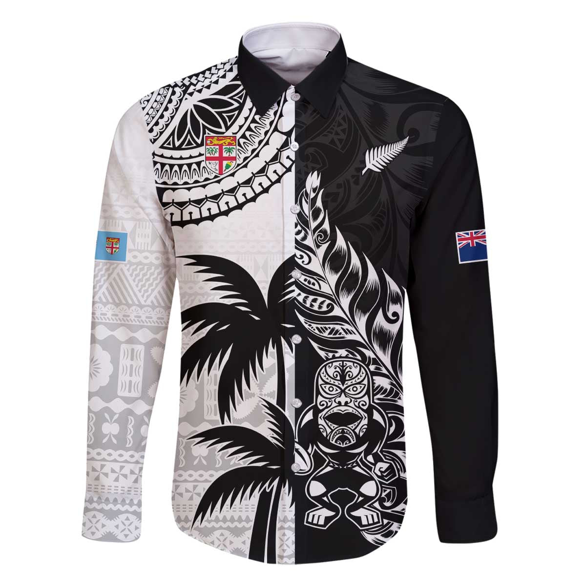 Custom Fiji New Zealand Family Matching Off The Shoulder Long Sleeve Dress and Hawaiian Shirt Maori mix Tapa Pattern Version LT9 Dad's Shirt - Long Sleeve Black - Polynesian Pride
