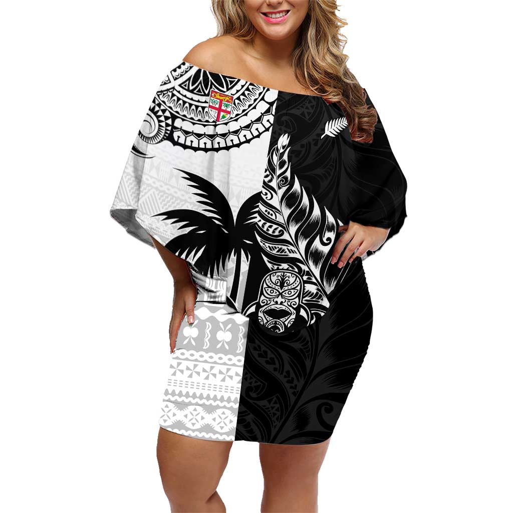 Custom Fiji New Zealand Family Matching Off Shoulder Short Dress and Hawaiian Shirt Maori mix Tapa Pattern Version LT9 Mom's Dress Black - Polynesian Pride