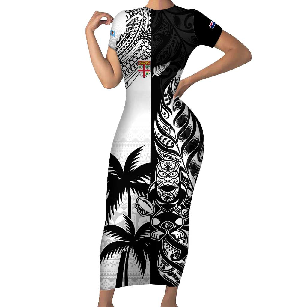 Custom Fiji New Zealand Family Matching Short Sleeve Bodycon Dress and Hawaiian Shirt Maori mix Tapa Pattern Version LT9 Mom's Dress Black - Polynesian Pride