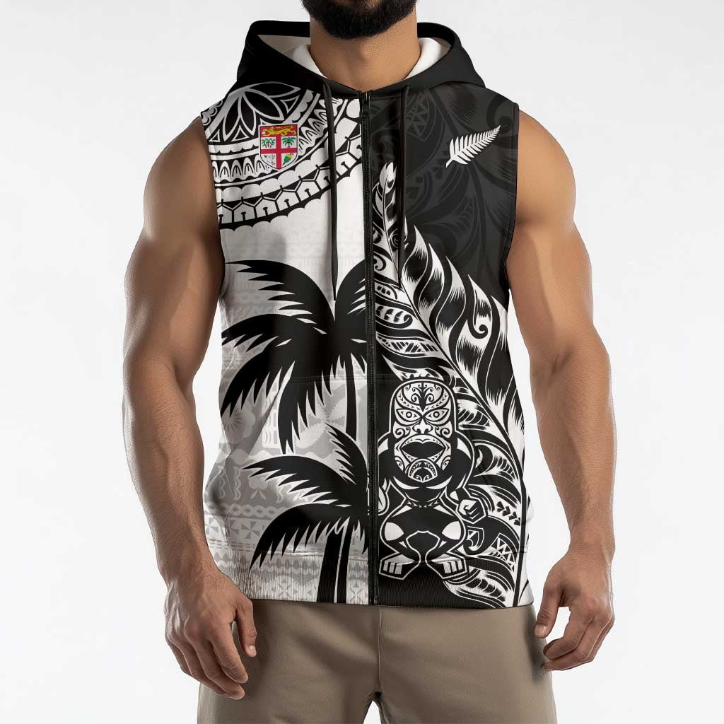 Fiji New Zealand Rugby Personalised Sleeveless Zip Hoodie Maori and Tapa Pattern LT9 - Polynesian Pride