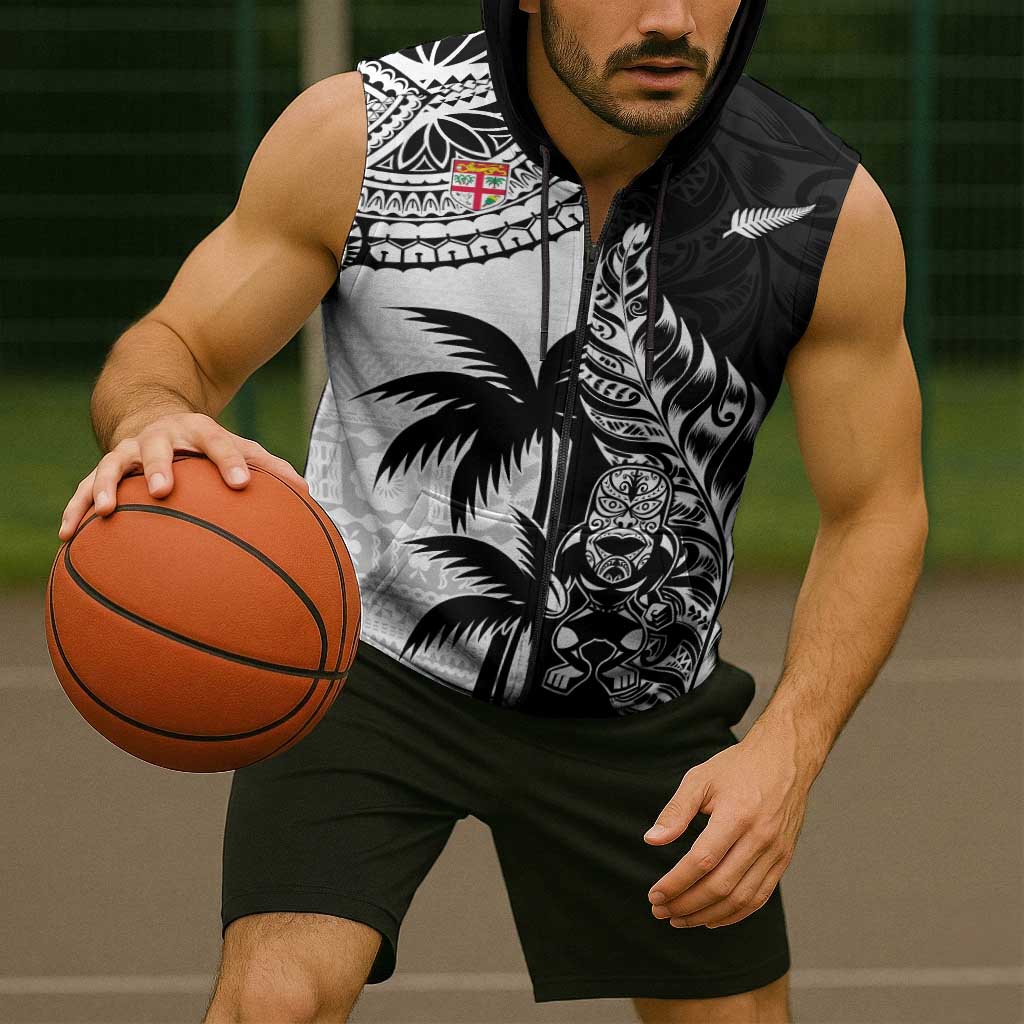 Fiji New Zealand Rugby Personalised Sleeveless Zip Hoodie Maori and Tapa Pattern LT9 - Polynesian Pride