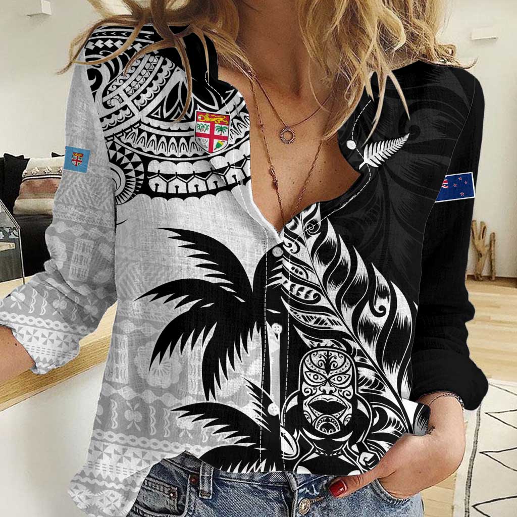 Custom Fiji New Zealand Women Casual Shirt Maori mix Tapa Pattern Version LT9 Female Black - Polynesian Pride