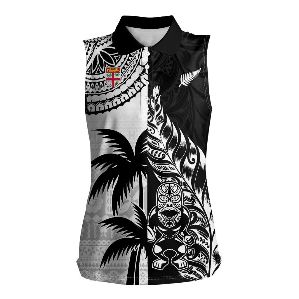 Custom Fiji New Zealand Women Sleeveless Polo Shirt Maori mix Tapa Pattern Version LT9 Female Black - Polynesian Pride