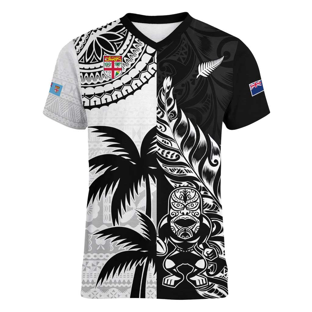 Custom Fiji New Zealand Women V-Neck T-Shirt Maori mix Tapa Pattern Version LT9 Female Black - Polynesian Pride
