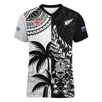 Custom Fiji New Zealand Women V-Neck T-Shirt Maori mix Tapa Pattern Version LT9 Female Black - Polynesian Pride
