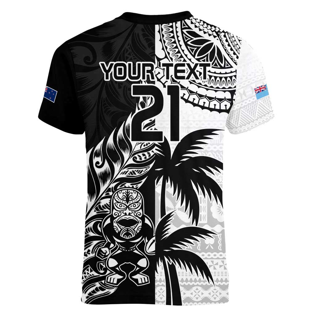 Custom Fiji New Zealand Women V-Neck T-Shirt Maori mix Tapa Pattern Version LT9 - Polynesian Pride