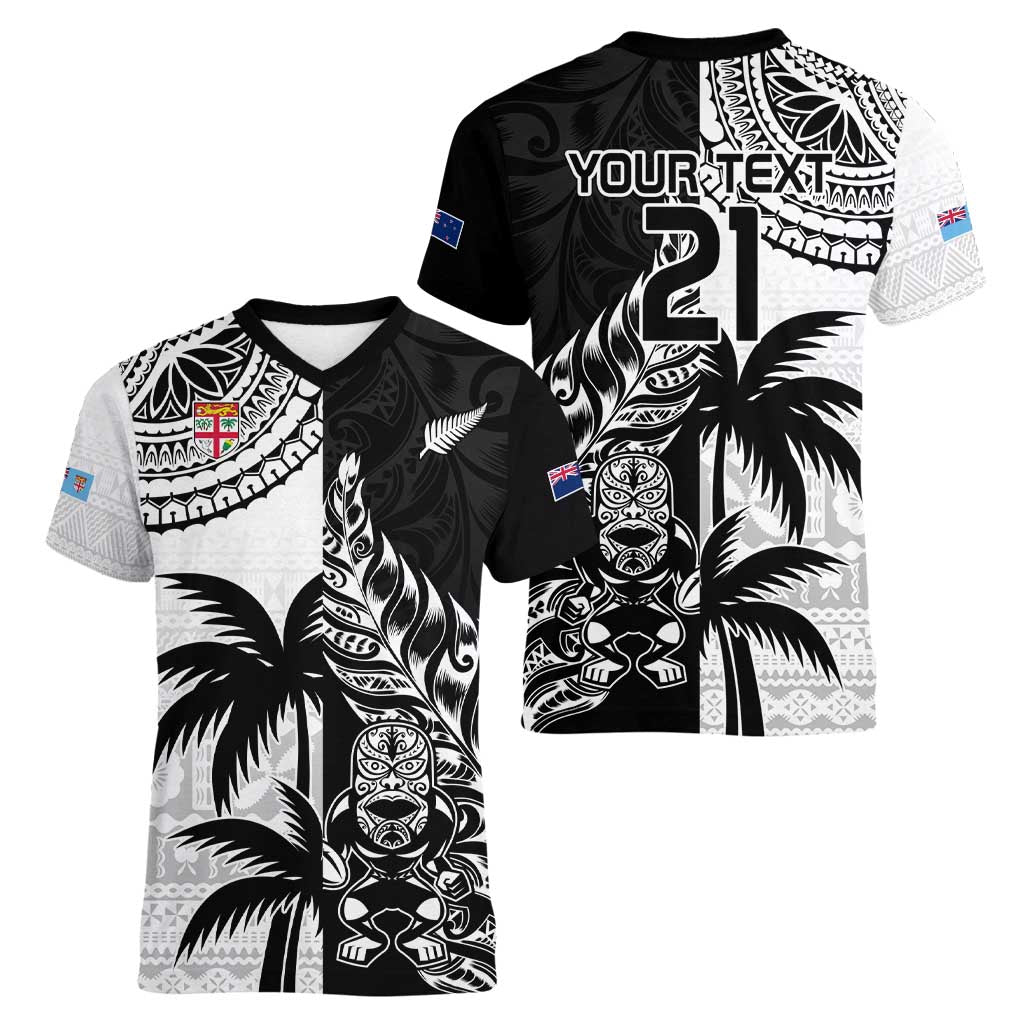 Custom Fiji New Zealand Women V-Neck T-Shirt Maori mix Tapa Pattern Version LT9 - Polynesian Pride