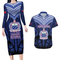 Custom Manu Samoa Sevens Rugby Couples Matching Long Sleeve Bodycon Dress and Hawaiian Shirt Samoan Tribal Tattoo LT9 Blue - Polynesian Pride