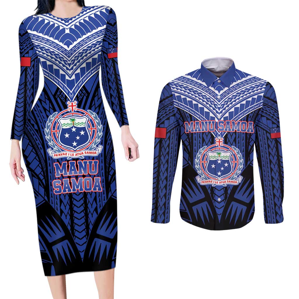 Custom Manu Samoa Sevens Rugby Couples Matching Long Sleeve Bodycon Dress and Long Sleeve Button Shirt Samoan Tribal Tattoo LT9 Blue - Polynesian Pride