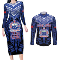 Custom Manu Samoa Sevens Rugby Couples Matching Long Sleeve Bodycon Dress and Long Sleeve Button Shirt Samoan Tribal Tattoo LT9 Blue - Polynesian Pride