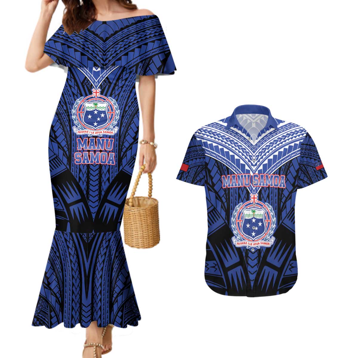 Custom Manu Samoa Sevens Rugby Couples Matching Mermaid Dress and Hawaiian Shirt Samoan Tribal Tattoo LT9 Blue - Polynesian Pride