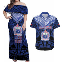 Custom Manu Samoa Sevens Rugby Couples Matching Off Shoulder Maxi Dress and Hawaiian Shirt Samoan Tribal Tattoo LT9 Blue - Polynesian Pride
