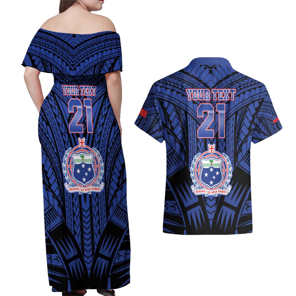 Custom Manu Samoa Sevens Rugby Couples Matching Off Shoulder Maxi Dress and Hawaiian Shirt Samoan Tribal Tattoo LT9 - Polynesian Pride