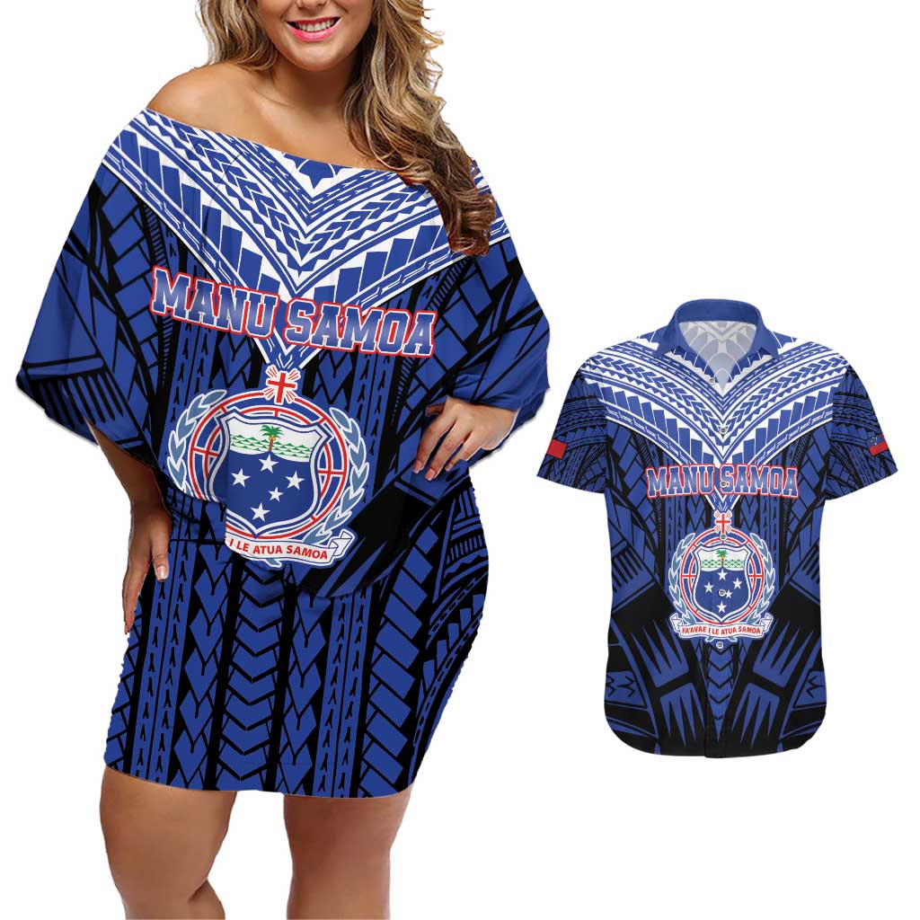 Custom Manu Samoa Sevens Rugby Couples Matching Off Shoulder Short Dress and Hawaiian Shirt Samoan Tribal Tattoo LT9 Blue - Polynesian Pride