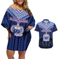 Custom Manu Samoa Sevens Rugby Couples Matching Off Shoulder Short Dress and Hawaiian Shirt Samoan Tribal Tattoo LT9 Blue - Polynesian Pride