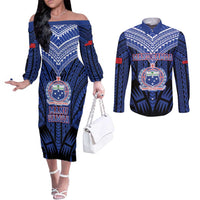 Custom Manu Samoa Sevens Rugby Couples Matching Off The Shoulder Long Sleeve Dress and Long Sleeve Button Shirt Samoan Tribal Tattoo LT9 Blue - Polynesian Pride