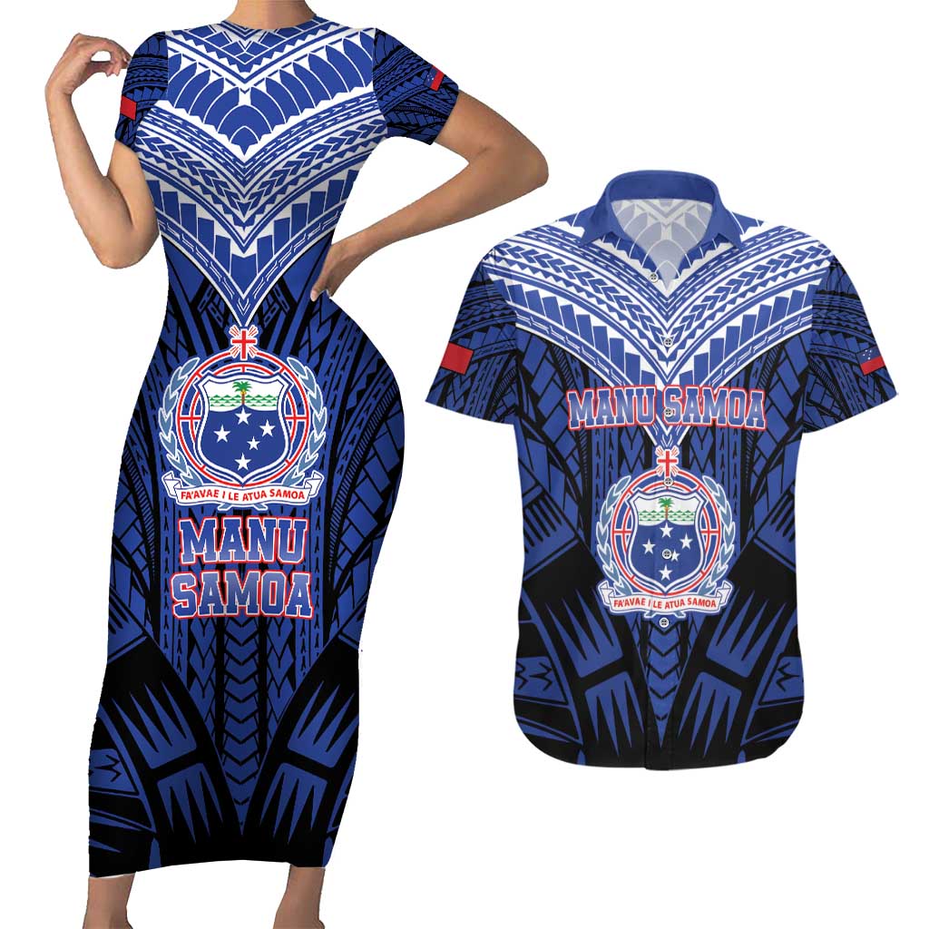 Custom Manu Samoa Sevens Rugby Couples Matching Short Sleeve Bodycon Dress and Hawaiian Shirt Samoan Tribal Tattoo LT9 Blue - Polynesian Pride
