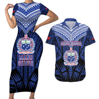 Custom Manu Samoa Sevens Rugby Couples Matching Short Sleeve Bodycon Dress and Hawaiian Shirt Samoan Tribal Tattoo LT9 Blue - Polynesian Pride