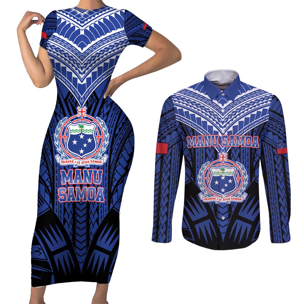 Custom Manu Samoa Sevens Rugby Couples Matching Short Sleeve Bodycon Dress and Long Sleeve Button Shirt Samoan Tribal Tattoo LT9 Blue - Polynesian Pride