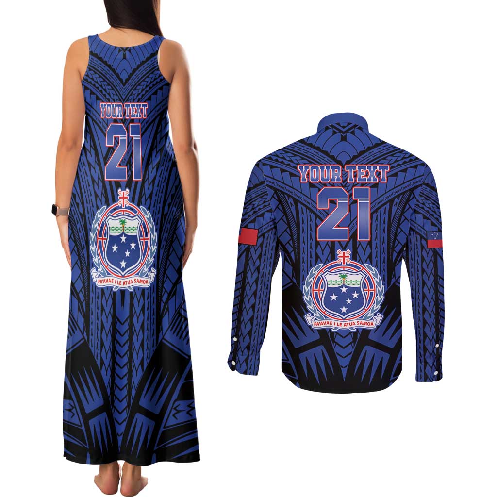 Custom Manu Samoa Sevens Rugby Couples Matching Tank Maxi Dress and Long Sleeve Button Shirt Samoan Tribal Tattoo LT9 - Polynesian Pride