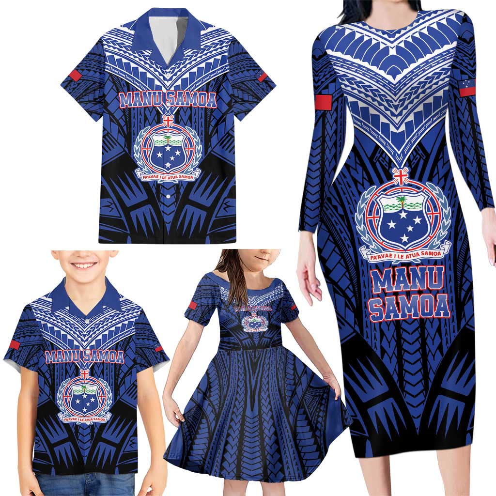 Custom Manu Samoa Sevens Rugby Family Matching Long Sleeve Bodycon Dress and Hawaiian Shirt Samoan Tribal Tattoo LT9 - Polynesian Pride