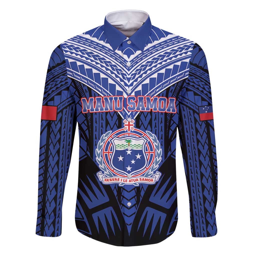 Custom Manu Samoa Sevens Rugby Family Matching Long Sleeve Bodycon Dress and Hawaiian Shirt Samoan Tribal Tattoo LT9 Dad's Shirt - Long Sleeve Blue - Polynesian Pride