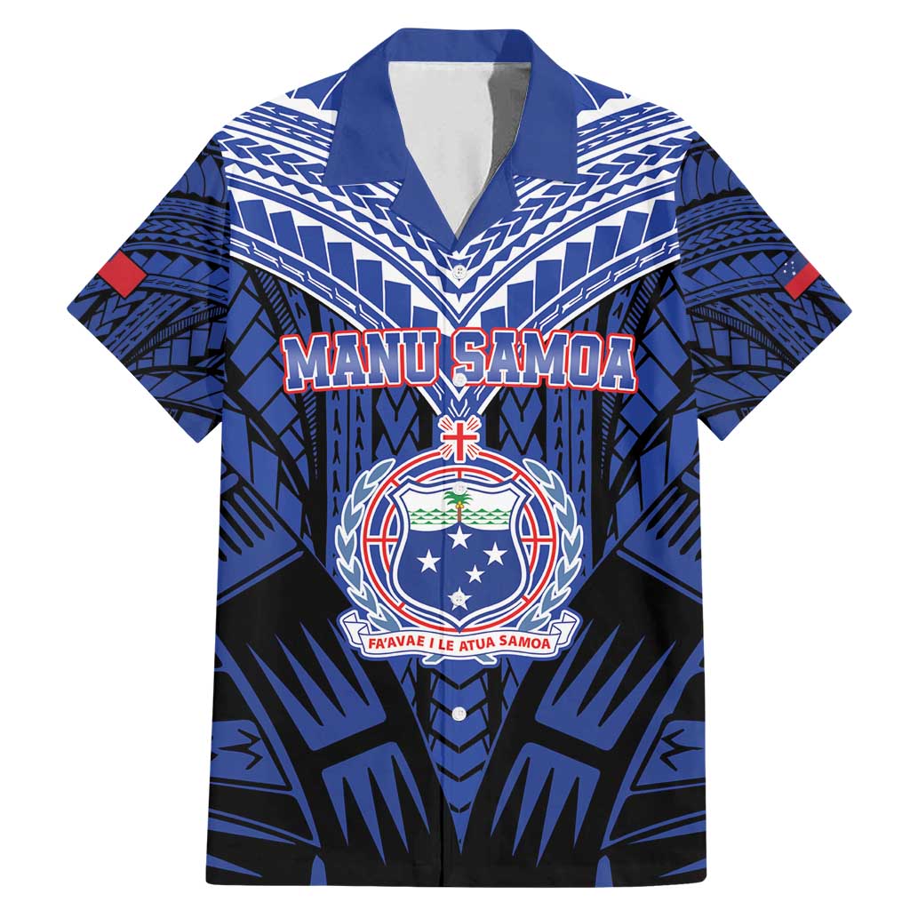 Custom Manu Samoa Sevens Rugby Family Matching Mermaid Dress and Hawaiian Shirt Samoan Tribal Tattoo LT9 Dad's Shirt - Short Sleeve Blue - Polynesian Pride