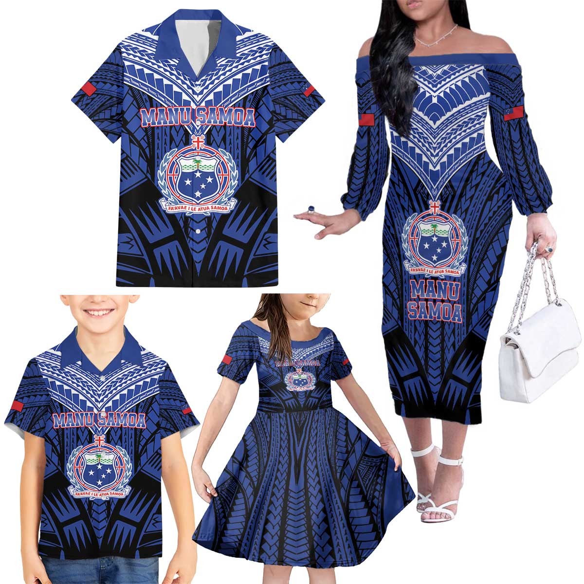 Custom Manu Samoa Sevens Rugby Family Matching Off The Shoulder Long Sleeve Dress and Hawaiian Shirt Samoan Tribal Tattoo LT9 - Polynesian Pride