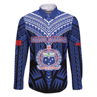 Custom Manu Samoa Sevens Rugby Family Matching Off The Shoulder Long Sleeve Dress and Hawaiian Shirt Samoan Tribal Tattoo LT9 Dad's Shirt - Long Sleeve Blue - Polynesian Pride