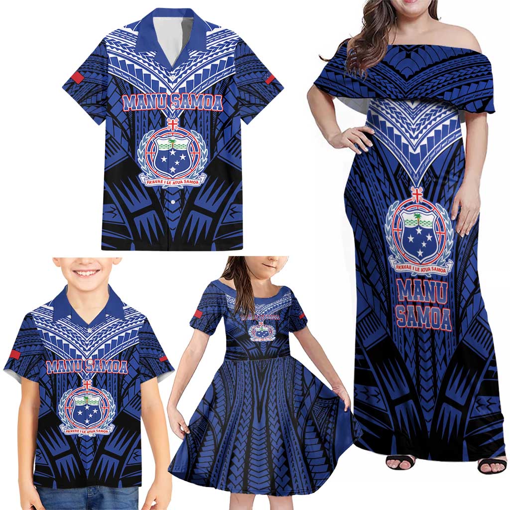 Custom Manu Samoa Sevens Rugby Family Matching Off Shoulder Maxi Dress and Hawaiian Shirt Samoan Tribal Tattoo LT9 - Polynesian Pride