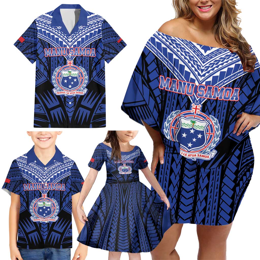 Custom Manu Samoa Sevens Rugby Family Matching Off Shoulder Short Dress and Hawaiian Shirt Samoan Tribal Tattoo LT9 - Polynesian Pride