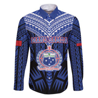 Custom Manu Samoa Sevens Rugby Family Matching Off Shoulder Short Dress and Hawaiian Shirt Samoan Tribal Tattoo LT9 Dad's Shirt - Long Sleeve Blue - Polynesian Pride