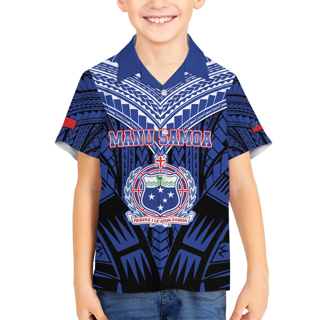 Custom Manu Samoa Sevens Rugby Family Matching Off Shoulder Short Dress and Hawaiian Shirt Samoan Tribal Tattoo LT9 Son's Shirt Blue - Polynesian Pride