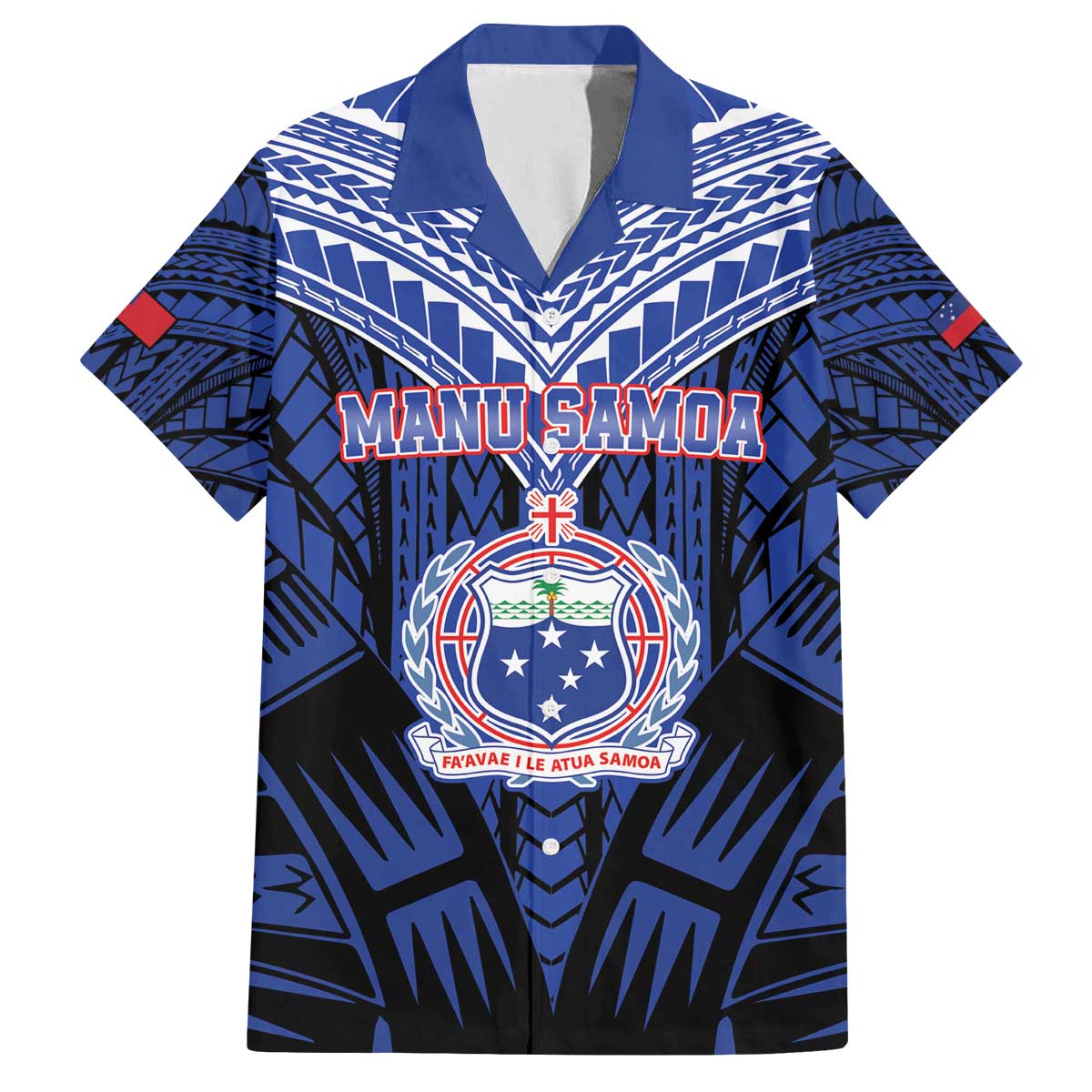 Custom Manu Samoa Sevens Rugby Family Matching Puletasi and Hawaiian Shirt Samoan Tribal Tattoo LT9 Dad's Shirt - Short Sleeve Blue - Polynesian Pride