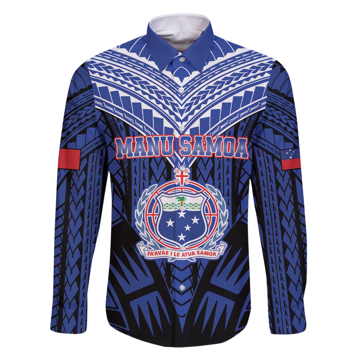 Custom Manu Samoa Sevens Rugby Family Matching Puletasi and Hawaiian Shirt Samoan Tribal Tattoo LT9 Dad's Shirt - Long Sleeve Blue - Polynesian Pride