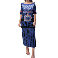 Custom Manu Samoa Sevens Rugby Family Matching Puletasi and Hawaiian Shirt Samoan Tribal Tattoo LT9 Mom's Dress Blue - Polynesian Pride
